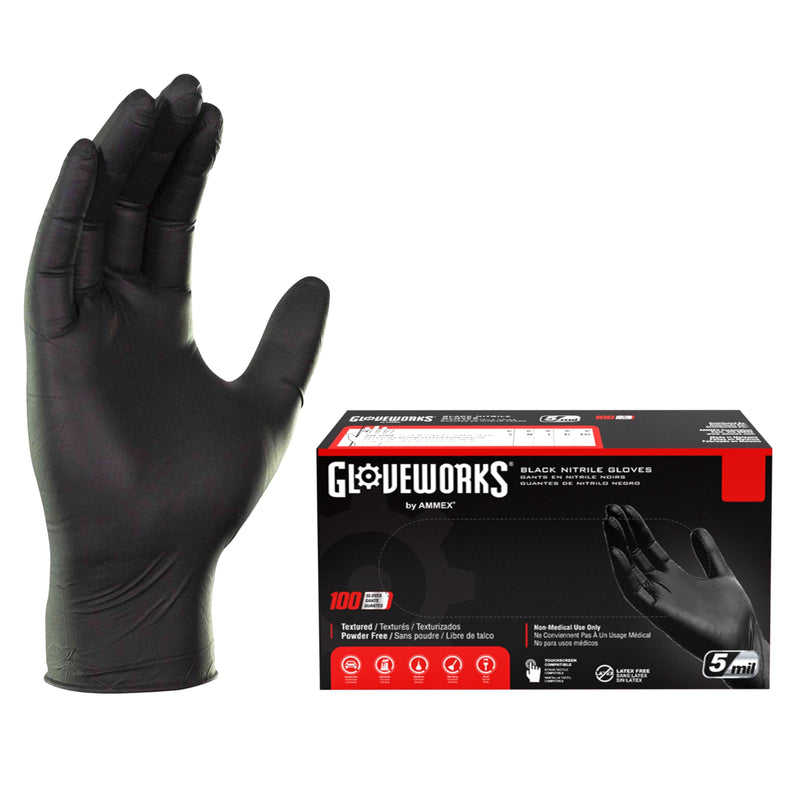 GLOVEWORKS Black Disposable Nitrile Industrial Gloves, 5 Mil, Latex & Powder-Free, Food-Safe, Textured