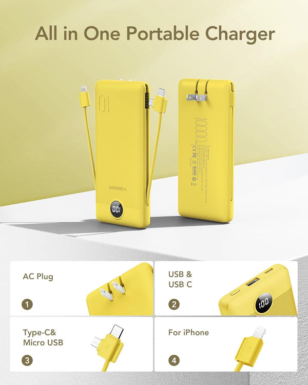 VEGER Portable Charger for Iphone with Built in Cables and Wall Plug, 10000Mah Slim Fast Charging USB C Power Bank, Travel Essential Battery Pack