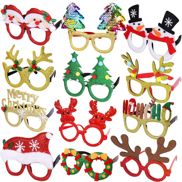 Max Fun 12Pcs Christmas Glasses Glitter Holiday Party Glasses Frames Christmas Decoration Accessories Costume Eyeglasses for Christmas Parties