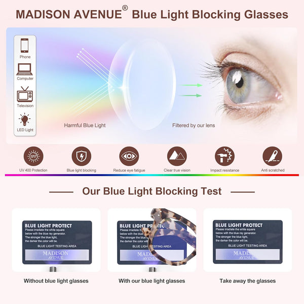 Madison Avenue Blue Light Blocking Glasses Oversized Fashion Blue Light Glasses for Women anti Eyestrain & UV Protection Computer Eyeglasses (Grey