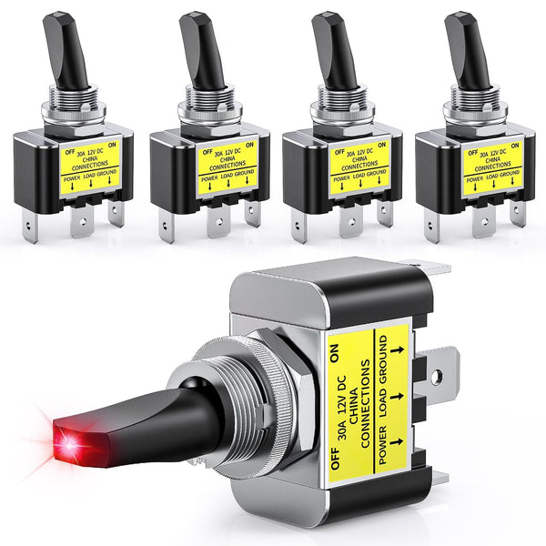 Nilight 5PCS LED Toggle Switch on off 12V 30A Red LED Lighted Metal Switches Heavy Duty SPST 3 Pin Rocker 12Mm Mounting Hole for Automotive Cars