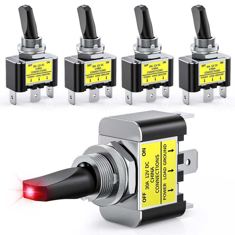 Nilight 5PCS LED Toggle Switch on off 12V 30A Red LED Lighted Metal Switches Heavy Duty SPST 3 Pin Rocker 12Mm Mounting Hole for Automotive Cars