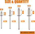 ISPINNER 120Pcs 304 Stainless Steel Blind Rivets, Pop Rivets Assortment Kit
