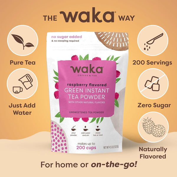 Waka Instant Green Tea Mix, Raspberry Flavored - 100% Tea Leaves, No Additives, Unsweetened Tea Powder in Bulk Pouch â Easy Quick Hot and Iced