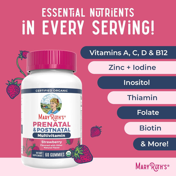 Maryruth Organics Prenatal Vitamins for Women | USDA Organic Prenatal Gummies | Postnatal Vitamins for Women Breastfeeding | Methylfolate 800 Mcg
