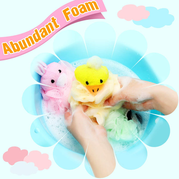 Boao 8 Pieces Kids Bath Loofahs Animal Bath Sponge Cartoon Shower Loofahs Cute Pouf Mesh Body Loofah Colorful Body Scrubber Shower Balls for Boys