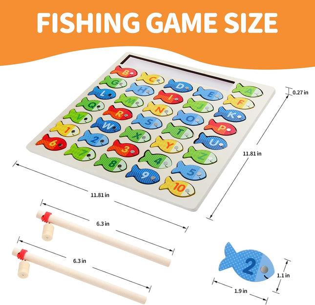 Wooden Magnetic Fishing Game for Toddlers, Montessori Fine Motor Skills Toy with Letters and Numbers, Preschool Learning