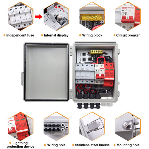Mankk 4 String PV Combiner Box IP65 Waterproof Solar Combiner Box with 63A Circuit Breaker Lightning Arreste Solar Connector and 15A Rated Current