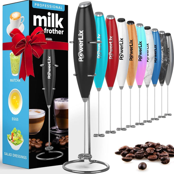 Powerlix Powerful Handheld Milk Frother with Stand Battery Operated Foam Maker Frother Wand for Coffee (A Black) (Hearts)