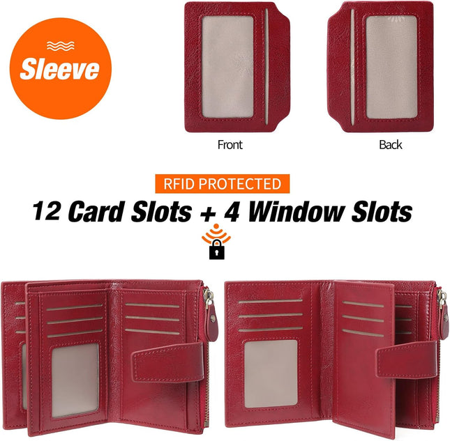 GOIACII RFID Women's Wallet Small Ladies Credit Card Holder Leather with Zipper Pocket 4 ID Windows Wine Wax Red A01 Wax