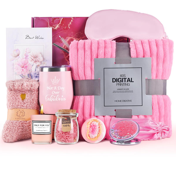 Self Care Gift Baskets for Women: Get Well Soon Care Packages with Blanket and Tumbler, Pink Gift Boxes Set for Girls, Mother, Sisters, Friends,