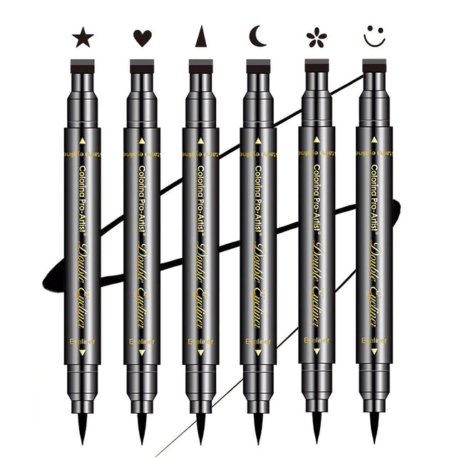 6 Pcs Double-Headed Eyeliner Stamps Set Black Liquid Eye Liner Pen with Star,Moon,Heart,Flower,Smiley,Triangle Stamp Ste