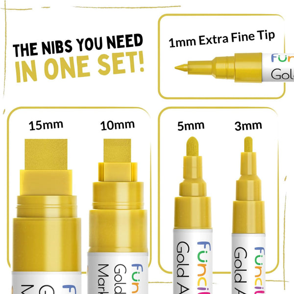 5 Acrylic Gold Paint Pen Metallic - Gold Marker Metallic Paint for Wood, Fabric, Canvas, Leaf, Tire, Metal, Glass - Permanent Pen Fine Tip, Thin