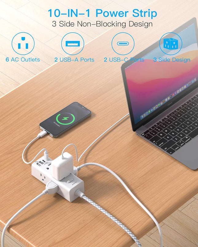 Power Strip Surge Protector - One Beat 6 Widely Outlets with 3 USB Ports (1 USB C), 5 Ft Extension Cord Flat Plug, Wall 