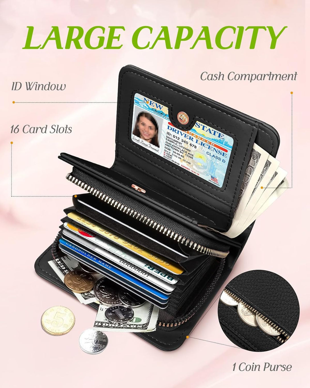 Bistup Credit Card Holder Wallet for Women Cute Leather Ladies Teen Girls Female Cardholder Wallets Accordion Purse Small Medium Aesthetic Print Skeleton Modern Design Rfid Zipper Around