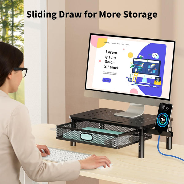 Zimilar Monitor Stand Riser with Metal Mesh Drawer, Height Adjustable with Phone Holder for Computer, Laptop, Printer, Notebook, Computer Monitor