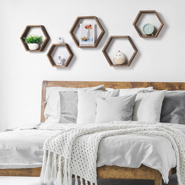 Hexagon Floating Shelves Set of 6 Farmhouse Honeycomb Wall Storage Shelf Wood Display Hexagonal Shelves Wall Mounted Hanging Rustic Shelf Racks