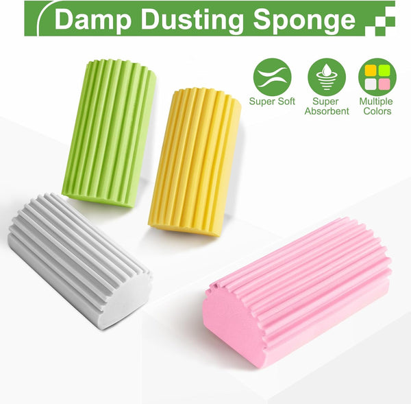 4-Pack Damp Clean Duster Sponge,Reusable Magic Dusting Sponge Brush for Cleaning Blinds, Glass, Baseboards,Vents,Railings,Mirrors,Window Track