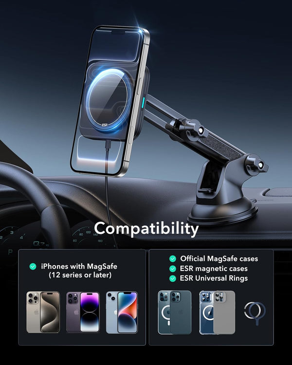 ESR for Qi2 15W Magsafe Car Mount Charger, Qi2-Certified Magsafe Car Charger, Dashboard/Windshield Magnetic Wireless Charging, Car Phone Mount for