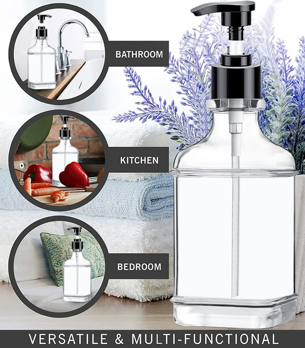 Clear Soap Dispenser with Pump, Waterproof Labels (2 Pack,18 Oz), Plastic Hand Soap Dispenser, Dish Soap Dispenser for Kitchen and Bathroom, Soap