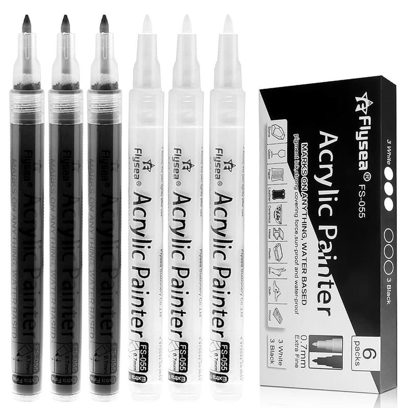 Black Paint Pens, 6 Pack 0.7Mm Acrylic Black Permanent Marker ,White Paint Pens for Rock Painting, Stone,Wood, Plastic, Ceramic, Glass, Metal