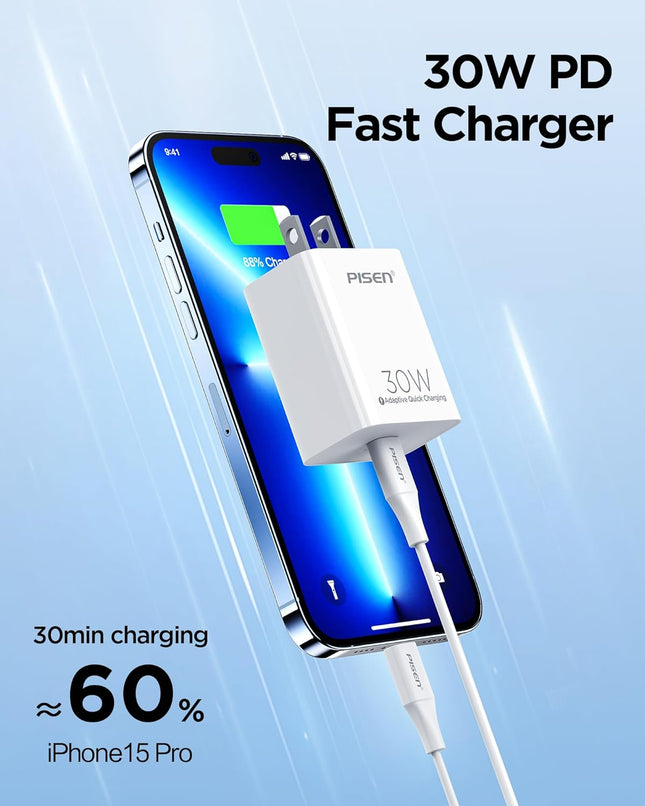 PISEN 30W USB C Charger - USB C Fast Charger Block, PD3.0 Wall Charger with 4FT Type C to L Cable, 30W Power Adapter for