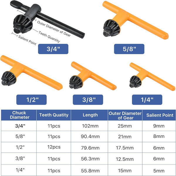 5 Sizes Drill Chuck Key Wrench, High Hardness Carbon Steel Replacement Drill Press Chuck Key for Drill Clamping Tool (Chuck Diameter: 1/4" / 3/8