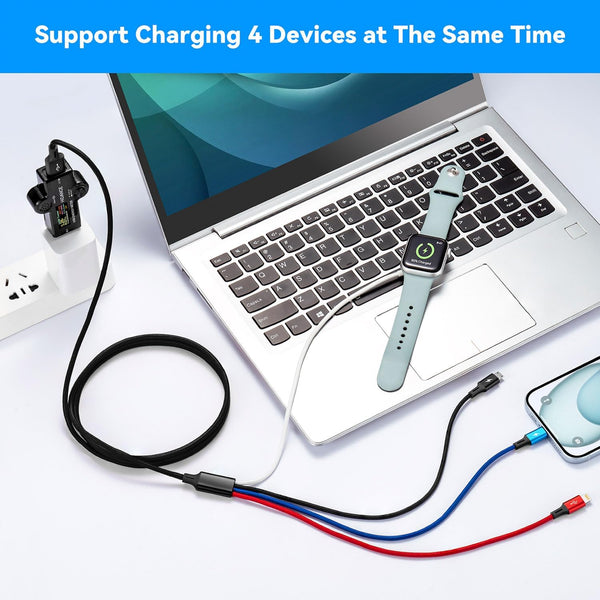 Travel 4 in 1 Multi Charging Cable for Apple Watch, Magnetic Wireless Charger, Braided USB C/Lightning/Micro Port for Iwatch Series