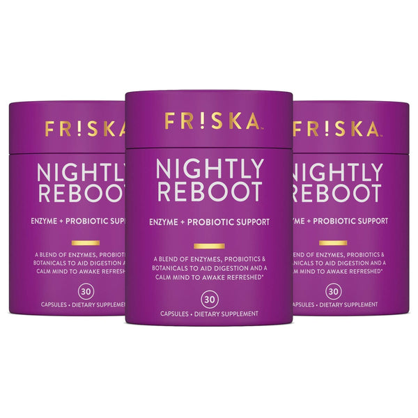 FRISKA Nightly Reboot Enzyme and Probiotics Supplement, Promotes Better Digestion and Sleep, Supports Gut Health for Men and Women, Melatonin,