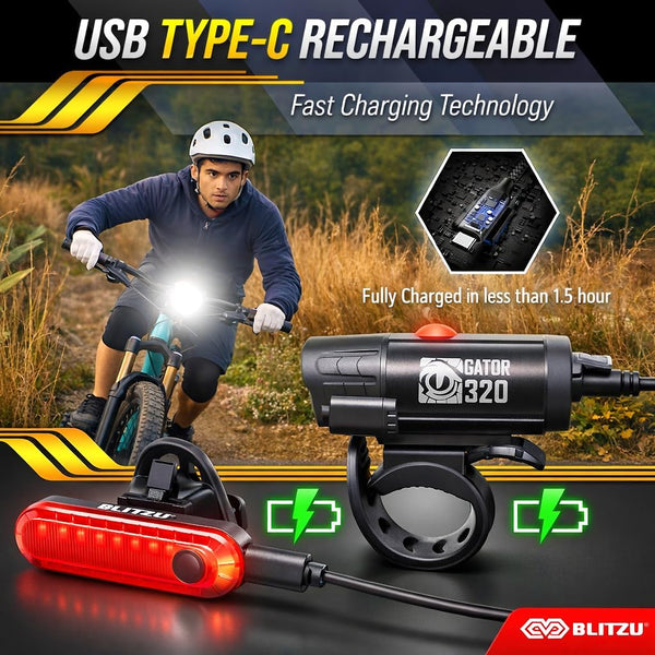 BLITZU Bike Lights, Super Bright Bicycle USB-C Rechargeable Headlight, Taillight & Bike Set, Waterproof Safety Front & Rear Back Light for Night