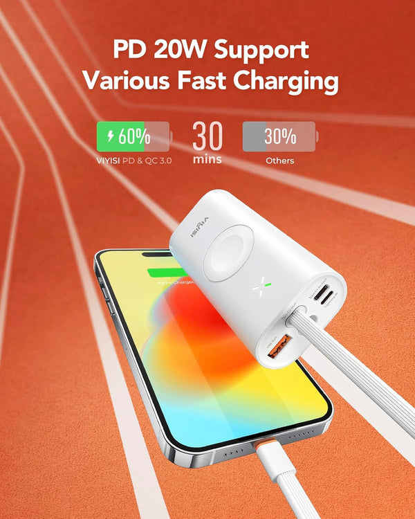 Portable Charger for Iphone & Apple Watch, 10000Mah Power Bank with Built-In Cable, 20W Fast Charging Battery Pack Compatible with Iphone