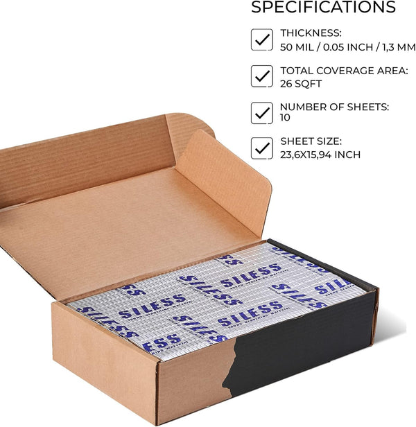Siless 50 Mil (1.3Mm) 26 Sqft Car Sound Deadening Mat - Butyl Automotive Sound Deadener - Noise Insulation and Vibration Dampening Material ( 26 Sqft)