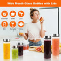 Glass Juice Bottles 4 Pack 16 Oz - Wide Mouth Glass Water Bottles with Lids - for Juicing, Protein, Smoothie, Milk, Reusable, BPA Free, Stainless