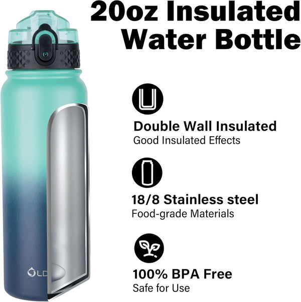 Oldley Insulated Water Bottle 20Oz for Adults Kids Stainless Steel Water Bottles with Straw/Chug/Carabiner 3 Lids Fruit Strainer Double Wall