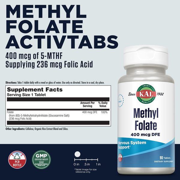 KAL Methyl Folate 400 Mcg DFE, 5-MTHF Active Form Vitamin B9, Folic Acid Supplement, Heart Health, Prenatal, Mood and Brain Support, Fast