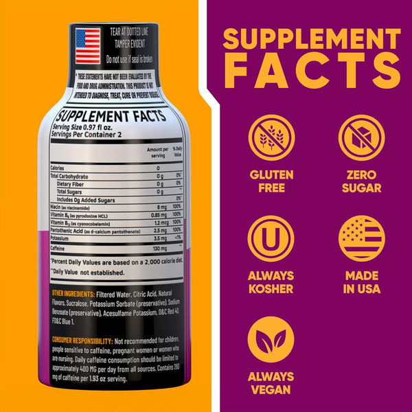 Grade a Quality Daily Energy Shot â Grape â 2 Servings â 260Mg Caffeine, B-Vitamins â Energy & Productivity Support â Zero Sugar, Vegan,