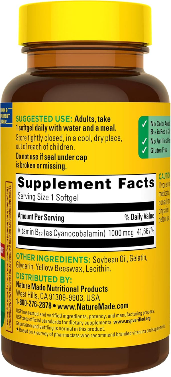 Nature Made Vitamin B12 1000 mcg, Dietary Supplement for Energy Metabolism Support, B12 Vitamins 1000 mcg, 150 Softgels, 150 Day Supply 150 Count