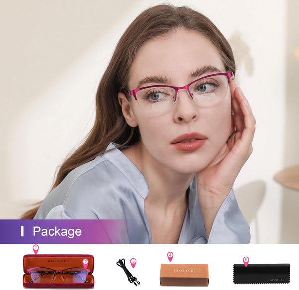 Missfive Premium Bifocal Reading Glasses for Women Blue Light Blocking & Metal Spring Hinge, Far and near Dual-Use Readers with a Hard Case,