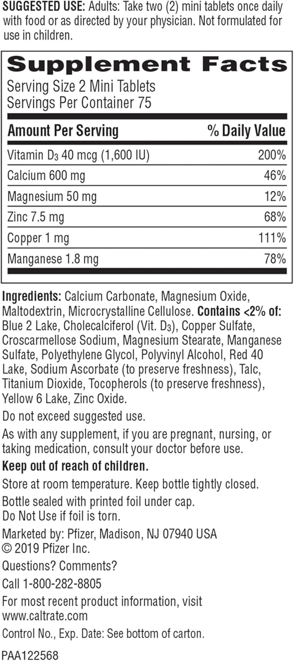 Caltrate Minis 600 plus D3 plus Minerals Calcium and Vitamin D Supplement Tablets, Bone Health and Mineral Supplement for Adults - 150 Count
