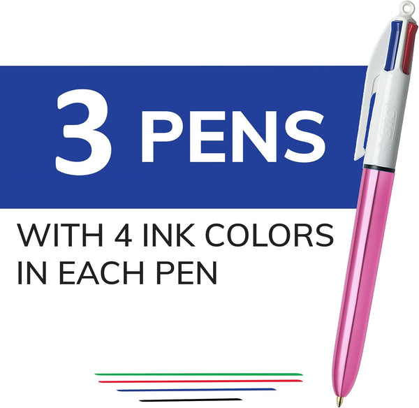 BIC 4-Color Shine Retractable Ballpoint Pen, Versatile 1.0 Mm Medium Point, Long-Lasting Ink, 3-Count Pack in Assorted Ink