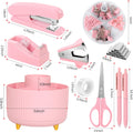 SKYDUE Pink Desk Accessories 10Pcs, 360-Degree Rotating Pen Holder, Stapler, Staple Remover, Tape Dispenser,2Pcs Tape Refills, Binder Paper Clips