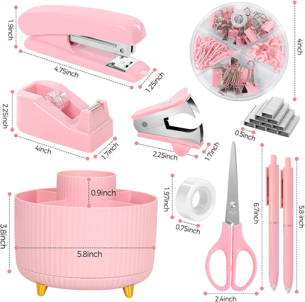 SKYDUE Pink Desk Accessories 10Pcs, 360-Degree Rotating Pen Holder, Stapler, Staple Remover, Tape Dispenser,2Pcs Tape Refills, Binder Paper Clips
