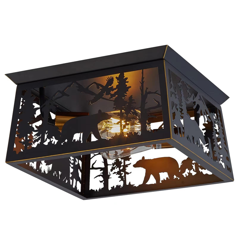Rustic Bear Flush Mount Ceiling Light Fixture, Farmhouse Vintage Industrial Metal Cage Light Perfect for Kitchen, Dining Room, Foyer Entryway,