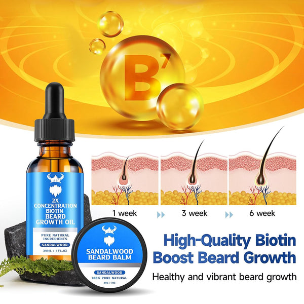Beard Growth Oil & Beard Balm - Beard Growth Kit with 2X Concentration Biotin for Men, Natural Ingredients with Argan Oil, Jojoba Oil and Vitamin