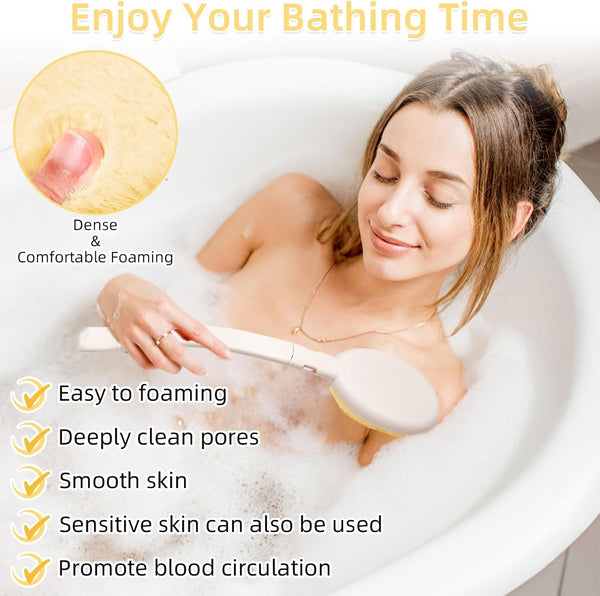 LFJ 19" Long Handle Shower Sponge Brush Set, 3 in 1 Body Brush, Bath Sponge and Lotion Applicator Improved Skin Health, Suitable for Men and Women