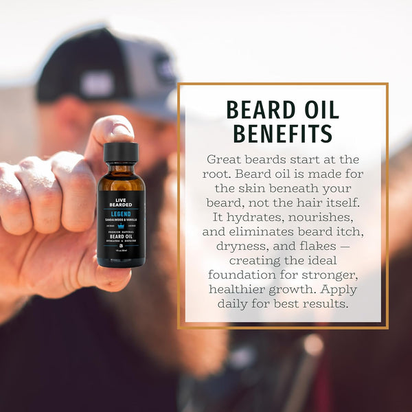 Live Bearded Beard Oil, 1 Fl Oz - Premium All-Natural Jojoba - Made in the USA - Hair and Skin Care for Men with Dry, Flaky Patches | Legend Scent