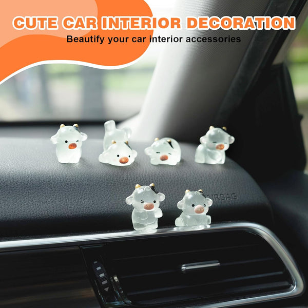 Luminous Cow Car Dashboard Decor, 6PCS Cute Cow Dash Decorations, Rear View Mirror Ornament, Interior Accessories