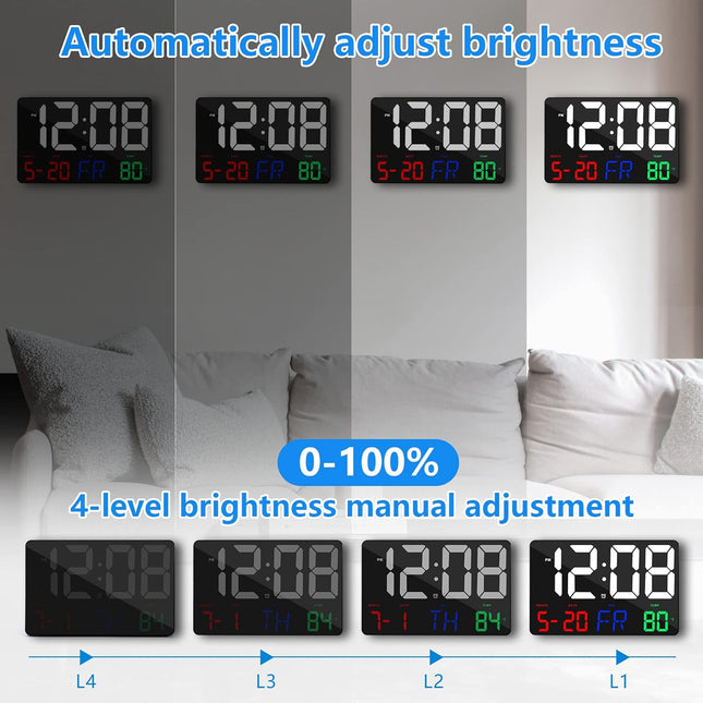 Digital Wall Clock,11.5" LED Digital Alarm Clock Large Display,With Remote Control,Adjustable Brightness, Calendar, Temp