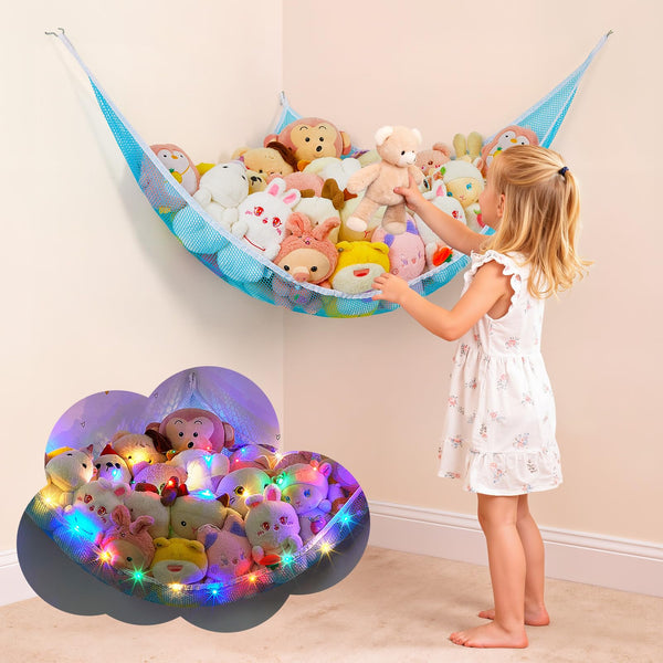 Basumee Stuffed Animals Net or Hammock with LED Light Hanging Toy Net Hammock for Stuffed Animals Storage Stuff Animals Hammocks for Nursery Kids