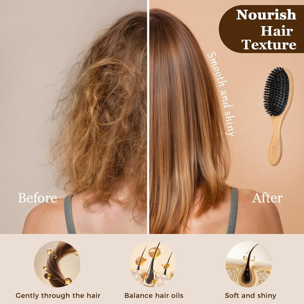 BLACK EGG Boar Bristle Hair Brush for Women Men Kid, Soft Natural Bristles Brush for Thin and Fine Hair, Restore Shine and Texture, Set Includes